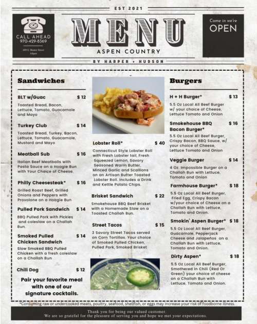 Aspen Country a Food and Beverage Company by Harper + Hudson menu in