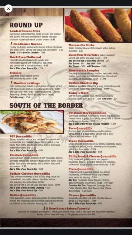 Shorthorns menu in Terra Alta, West Virginia, USA