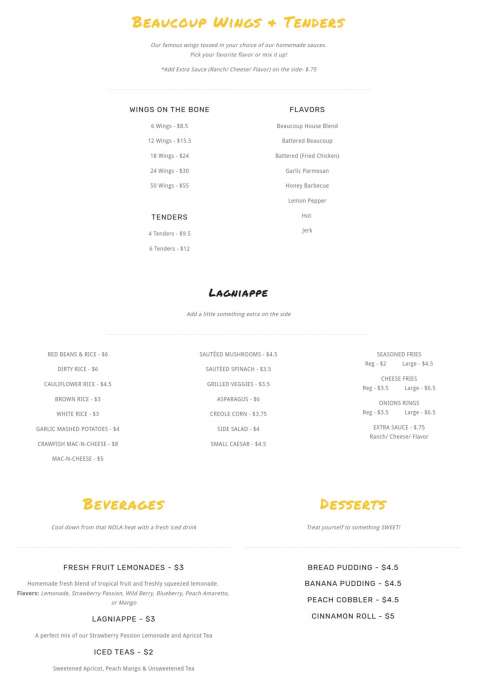 Beaucoup Eats menu in New Orleans, Louisiana, USA