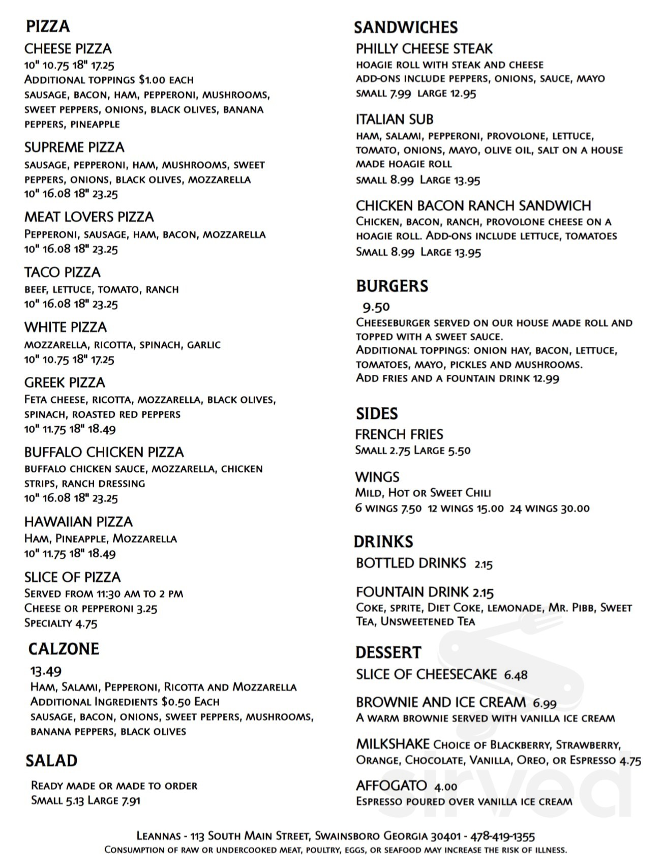 Menu for Leannas in Swainsboro, GA Sirved