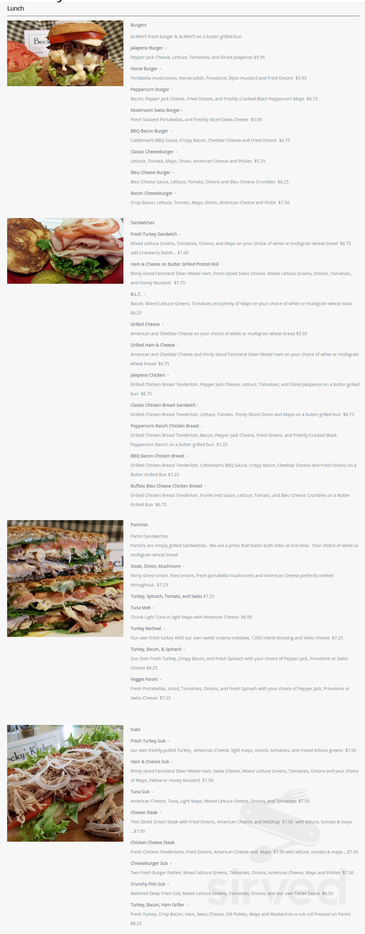 Becky's Kitchen lunch menu in York, Pennsylvania