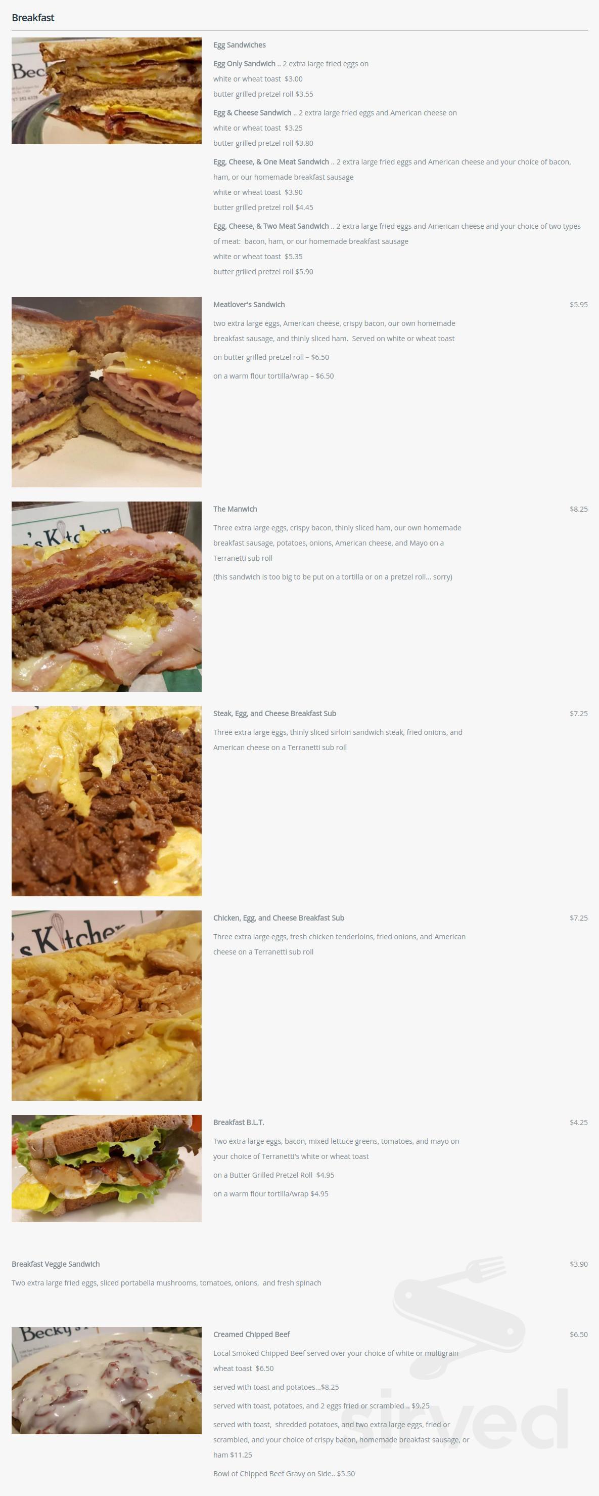 Becky's Kitchen breakfast menu in York, Pennsylvania