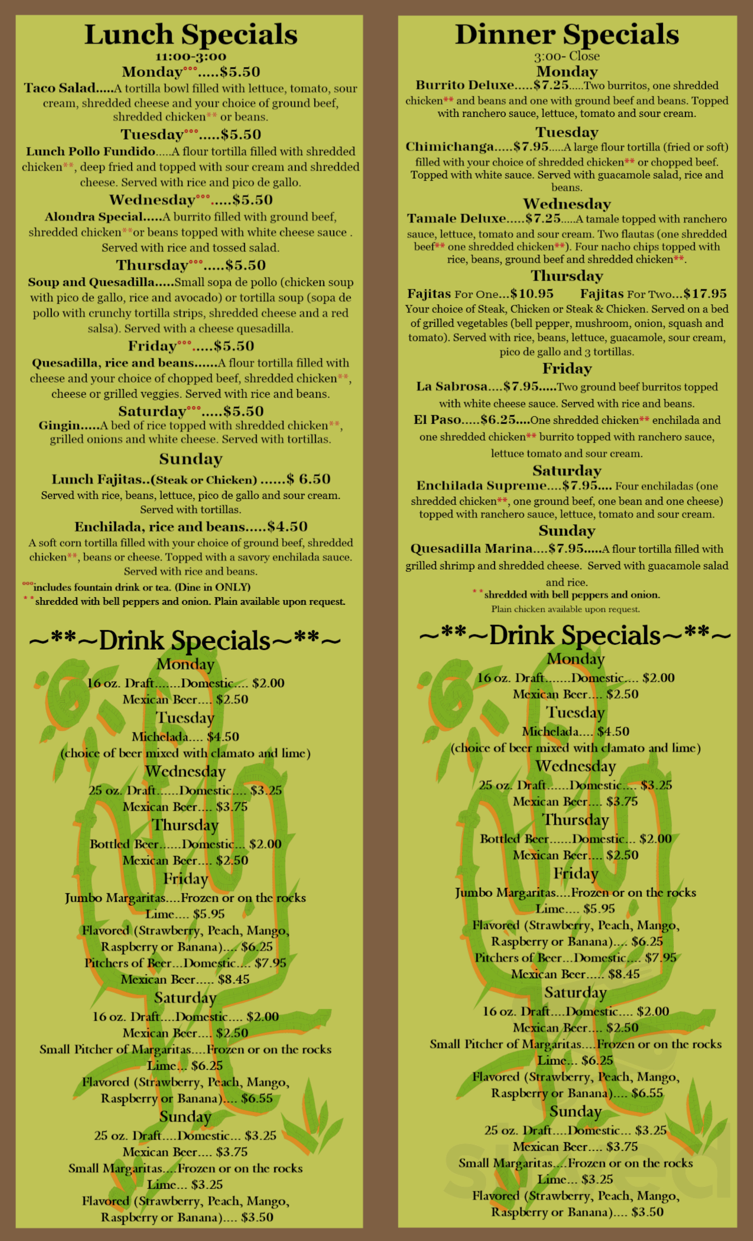 No Way Jose's Mexican Restaurant menu in China Grove, North Carolina, USA