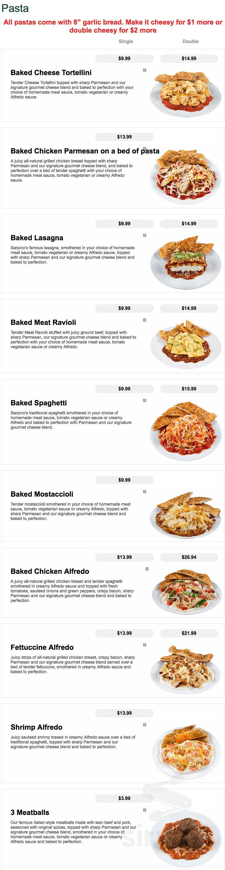 Sarpino's Pizzeria menu in Chicago, Illinois, USA