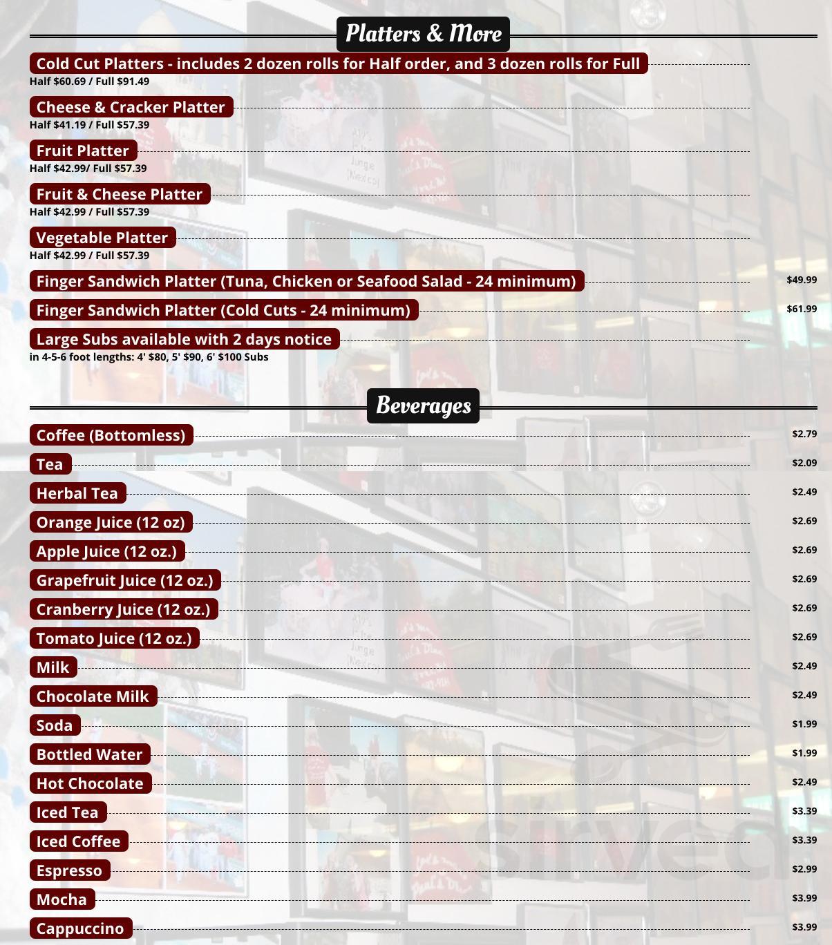 Paul's Diner menu in Westford, Massachusetts, USA