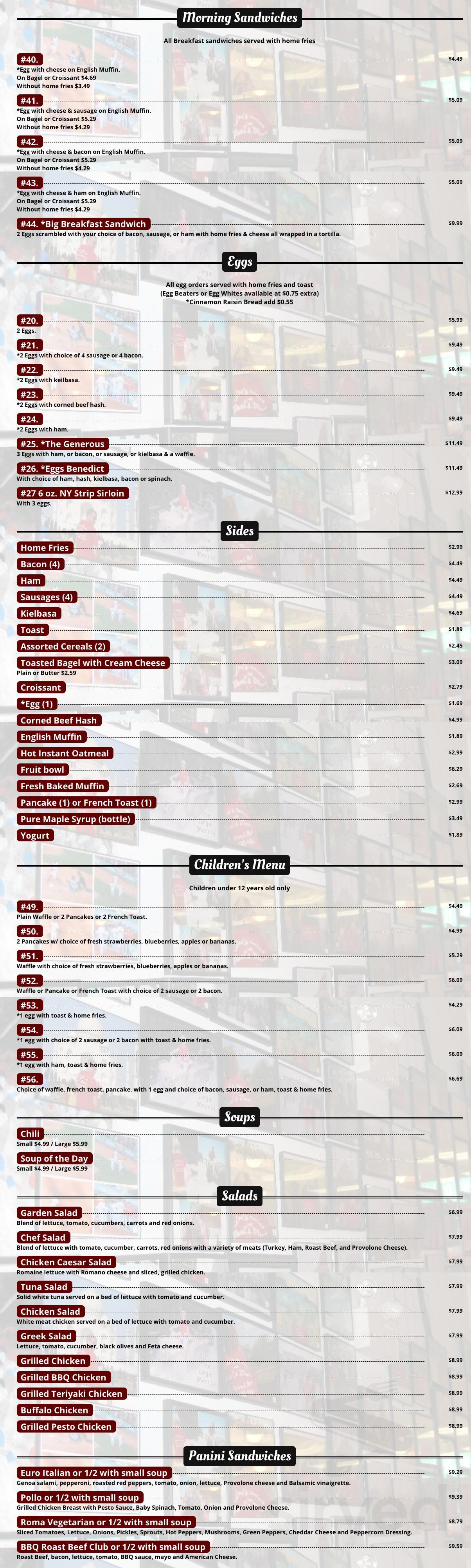 Paul's Diner menu in Westford, Massachusetts, USA