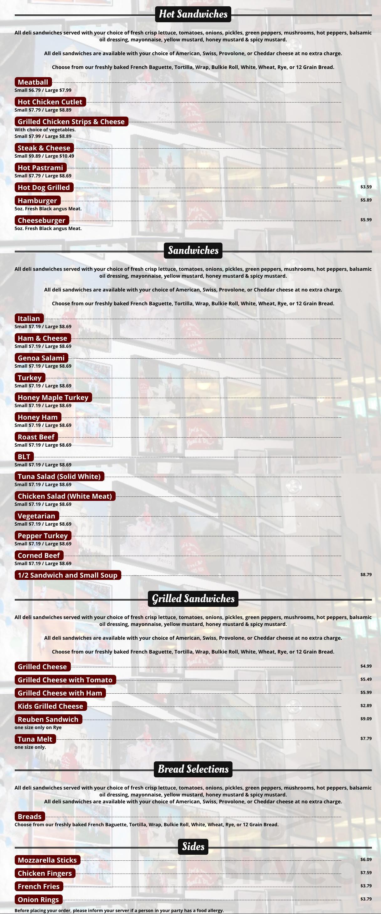 Paul's Diner menu in Westford, Massachusetts, USA