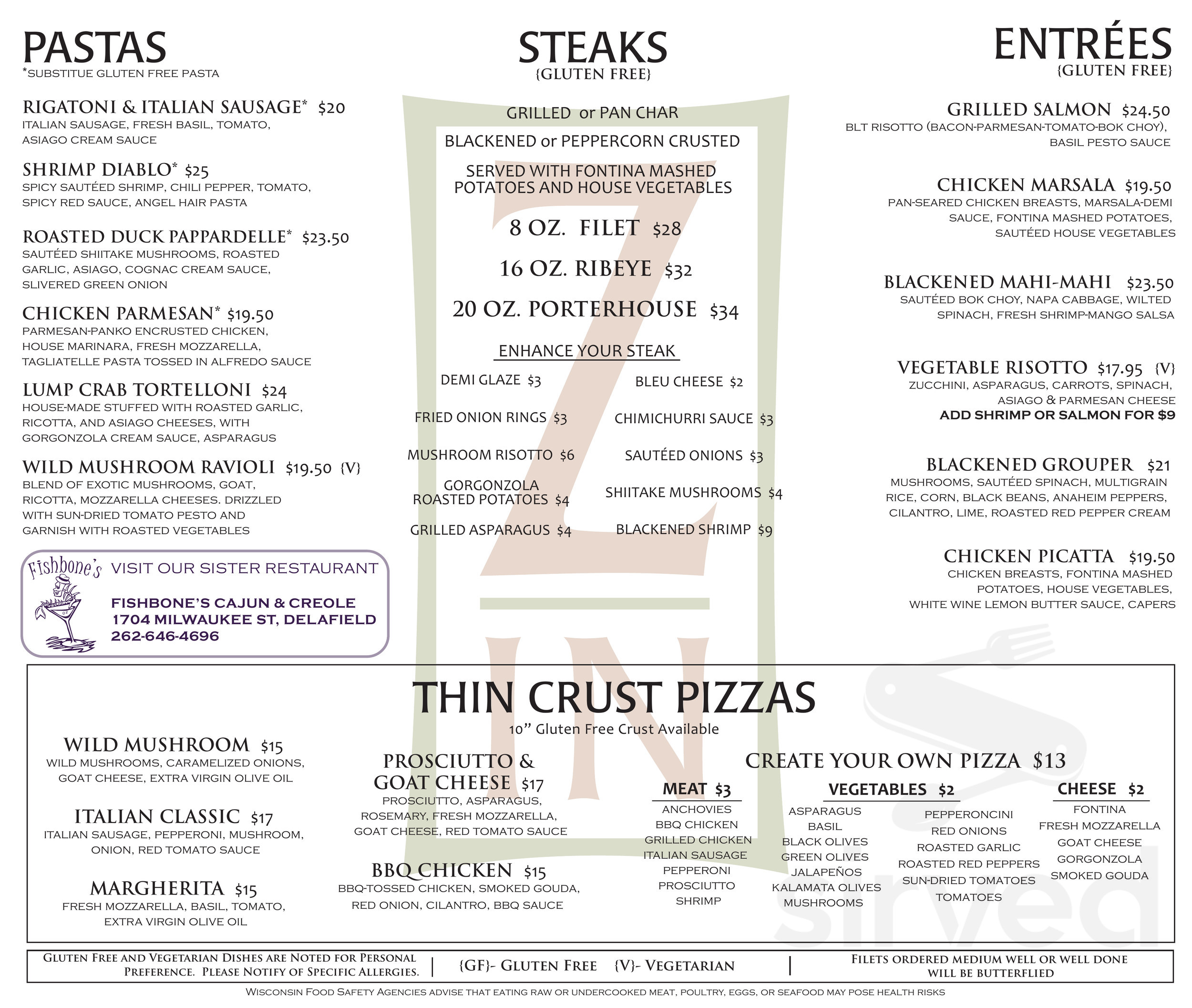 Zin California Italian menu in Delafield, Wisconsin, USA