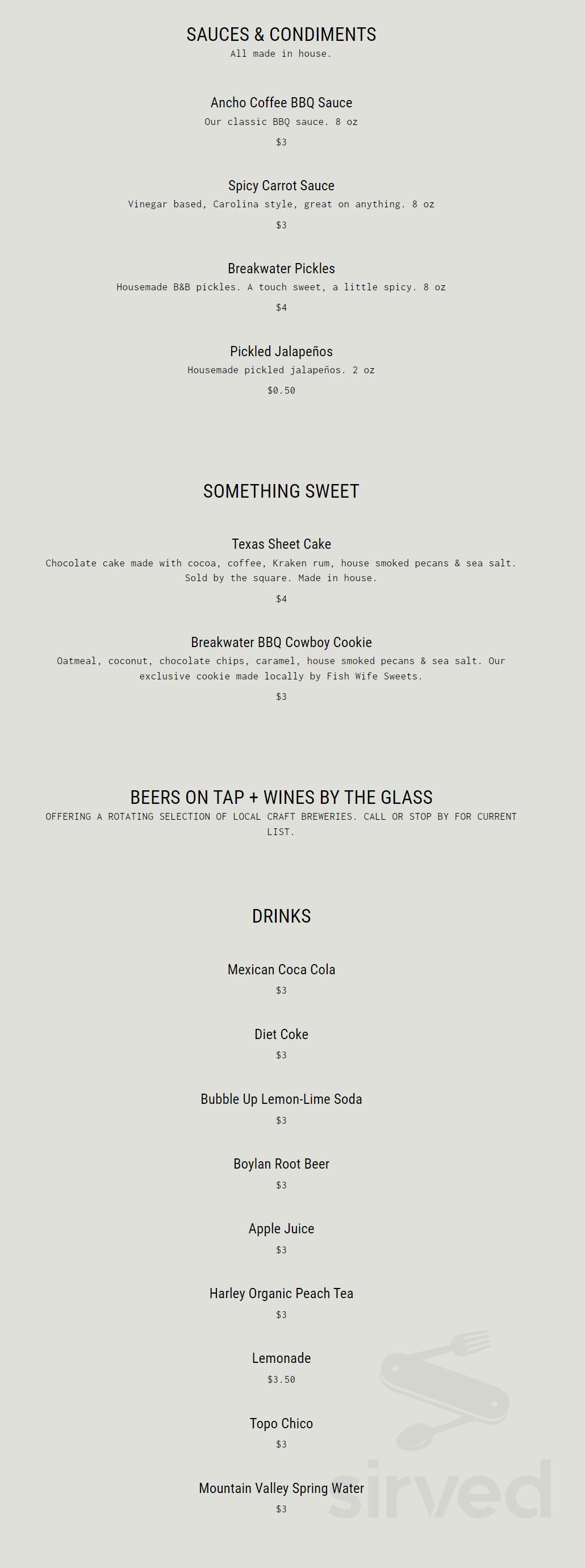 Menu for Breakwater Barbecue in El Granada, California, United States