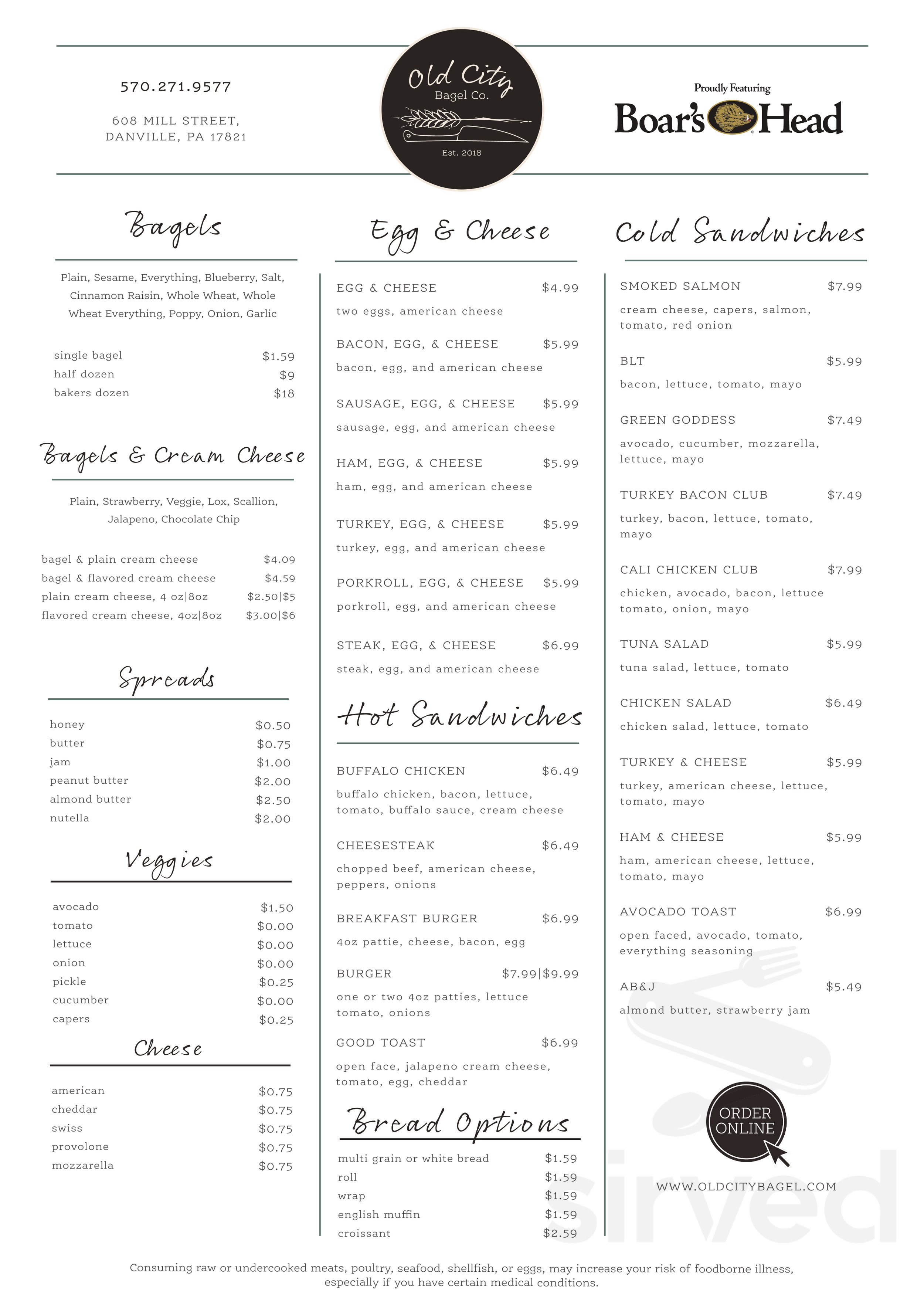 Old City Bagel Company menu in Danville, Pennsylvania