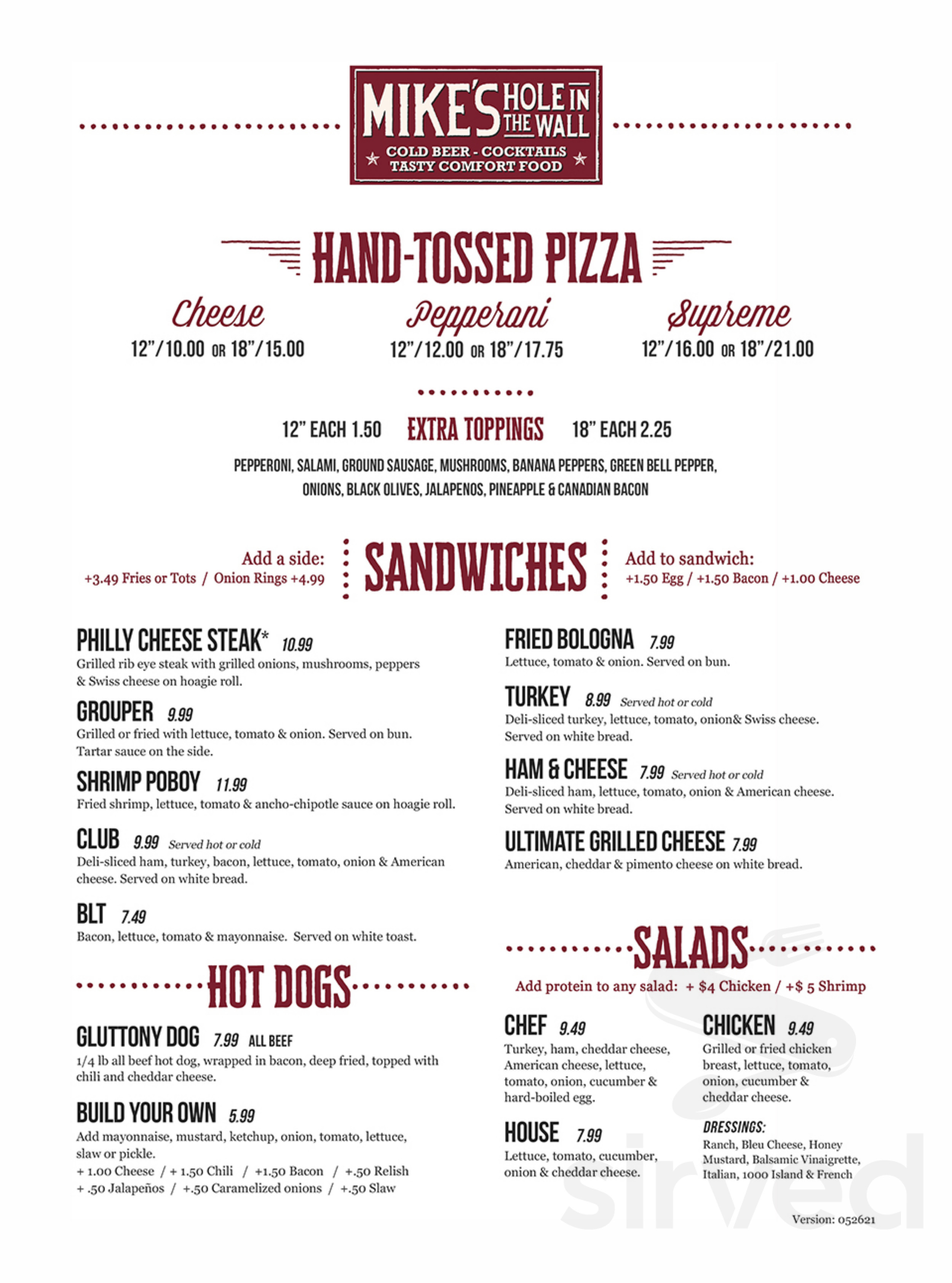 Mike's Hole in the Wall menu in Chattanooga, Tennessee, USA