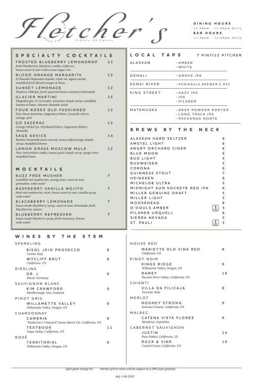 Fletcher's menu in Anchorage, Alaska, USA