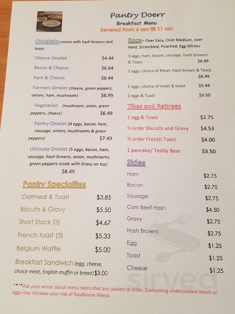 The Pantry Doerr Restaurant & Bakery menu in Peck, Michigan