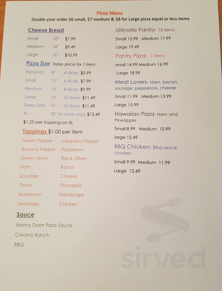 The Pantry Doerr Restaurant & Bakery menu in Peck, Michigan