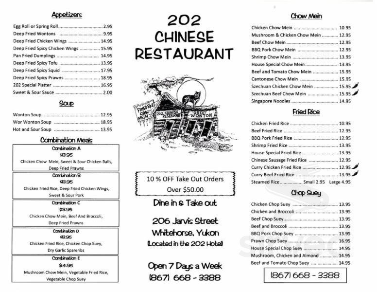 202 Chinese Restaurant menu in Whitehorse, Yukon, Canada
