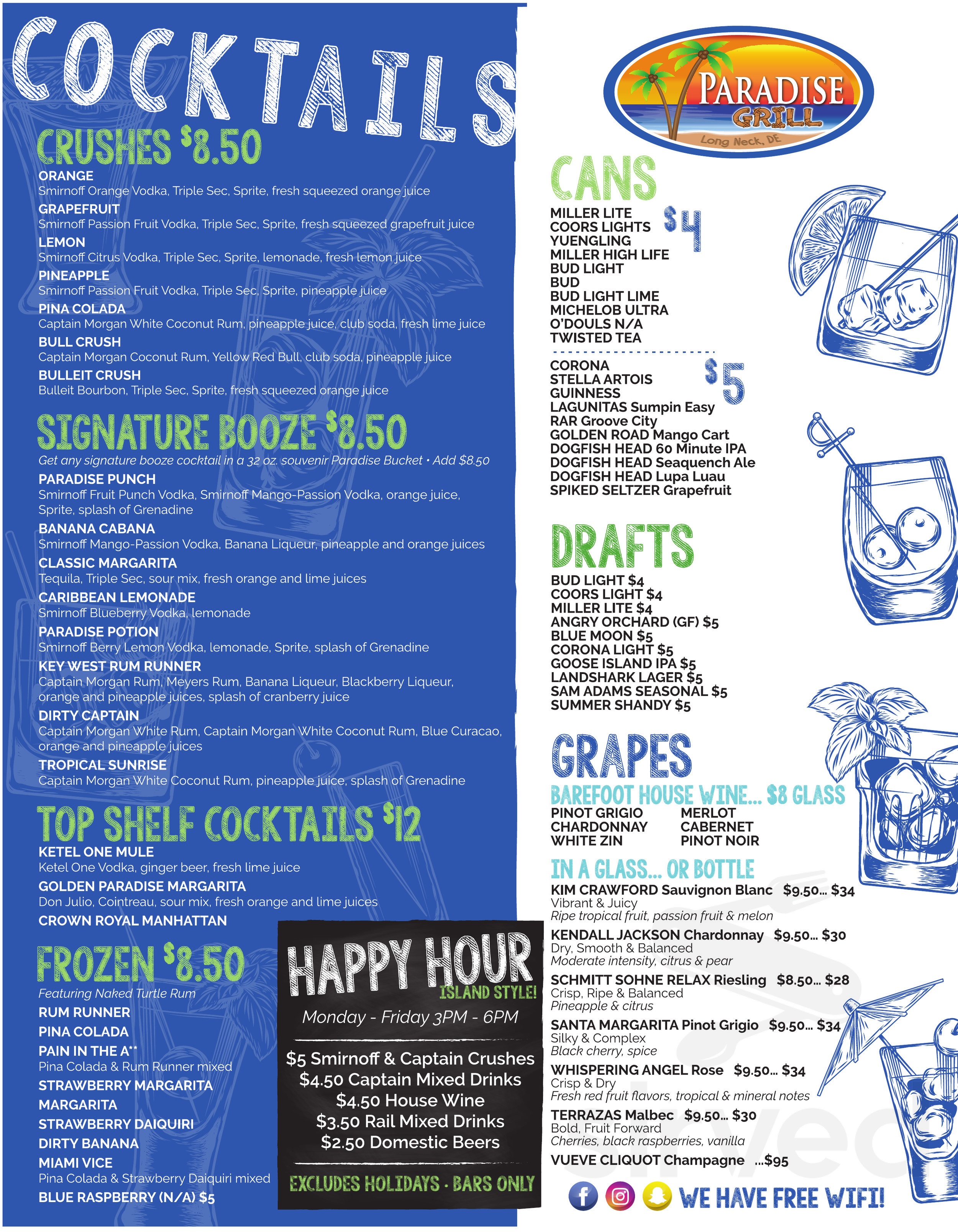 Paradise Grill drink menu in Millsboro, Delaware