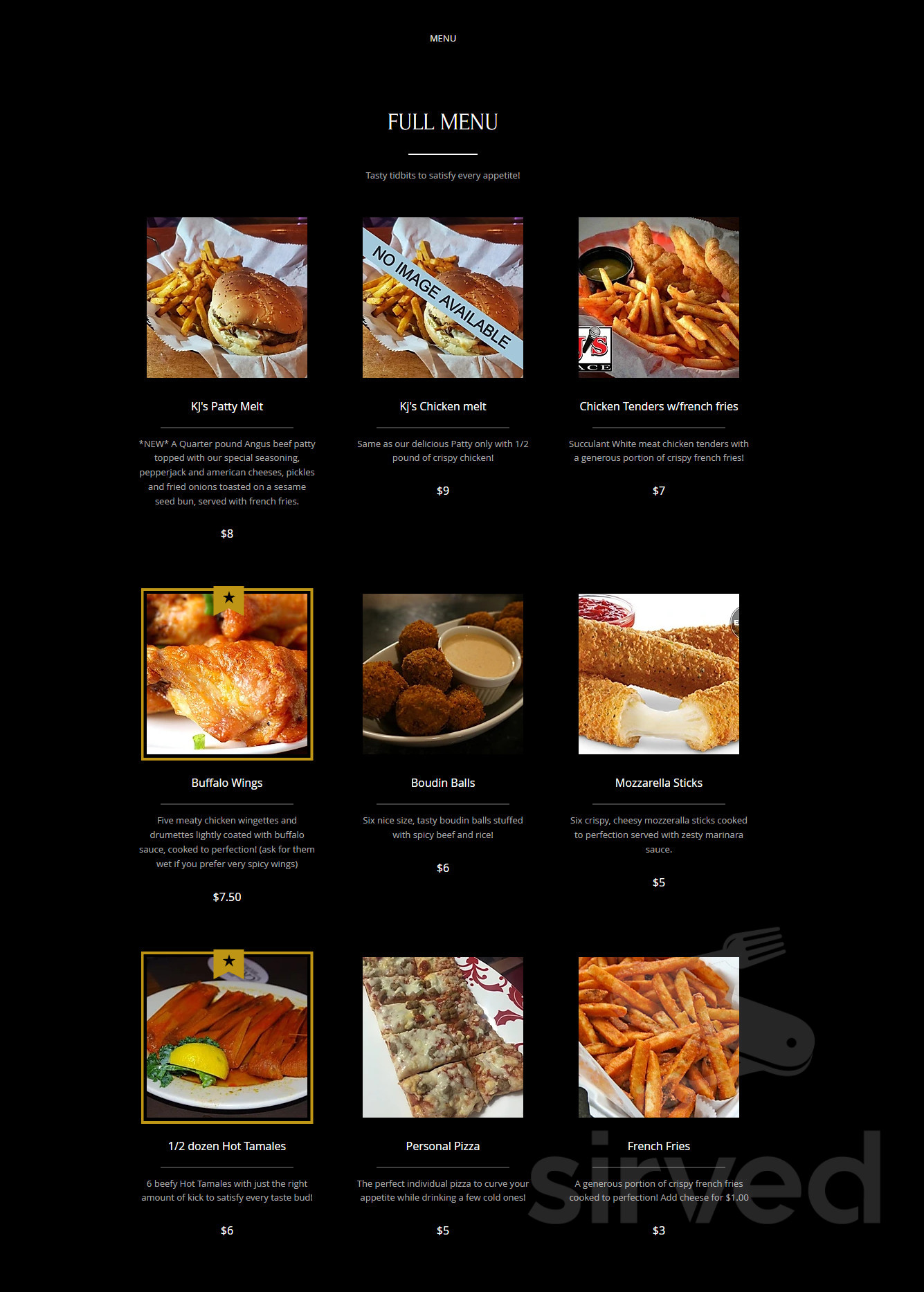 KJ's Place menu in Kenner, Louisiana, USA
