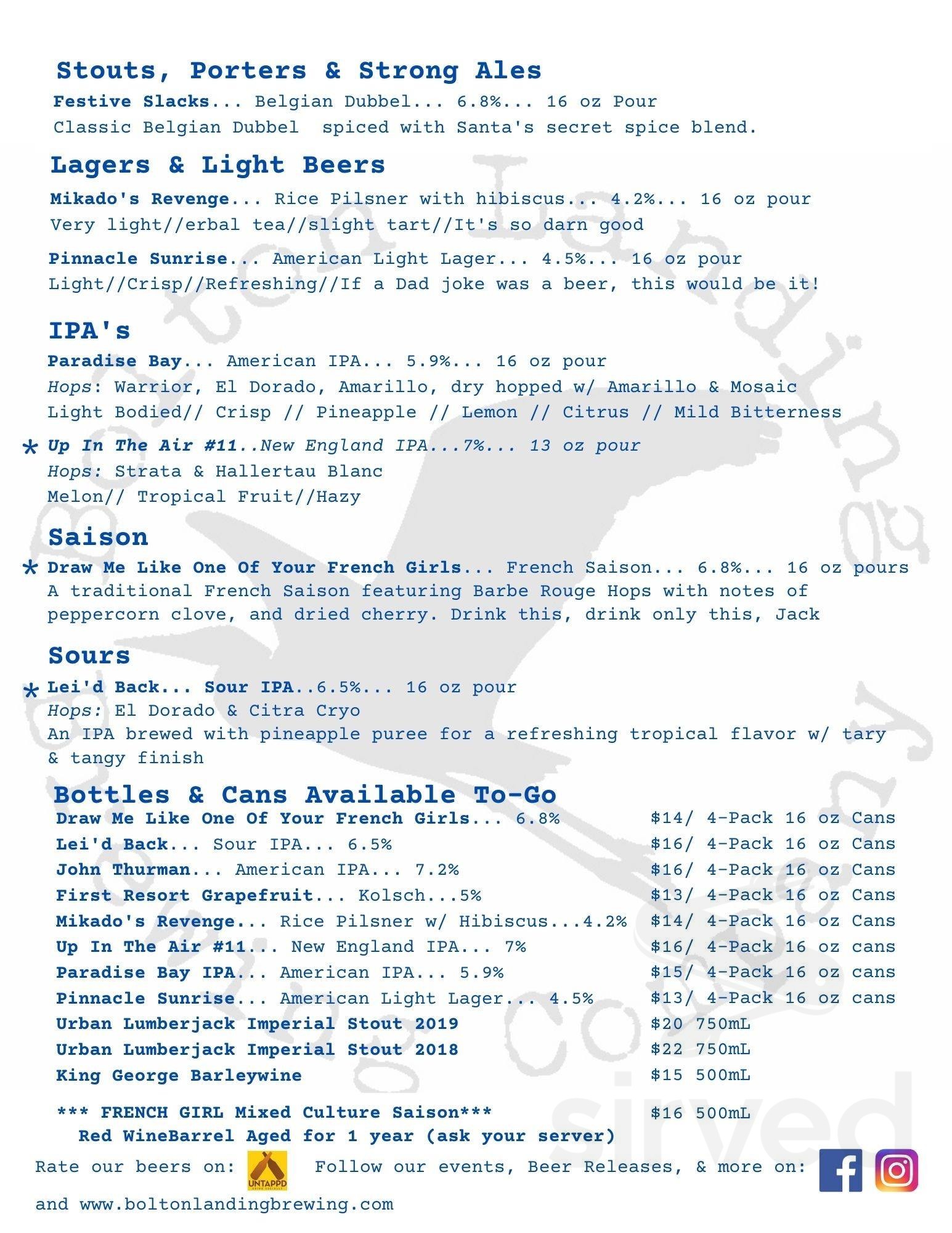 Menu Bolton Landing NY's Bolton Landing Brewing Company Sirved