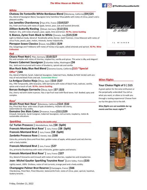 The Wine House on Market Street menu in Tallahassee, Florida, USA