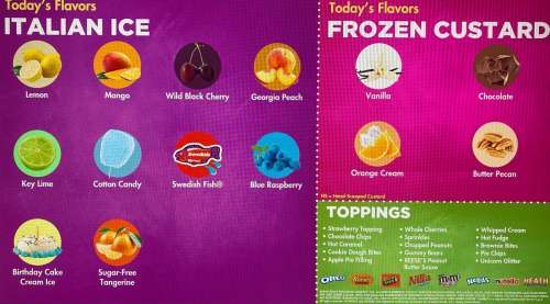 Rita's Water Ice menu in Hagerstown, Maryland, USA