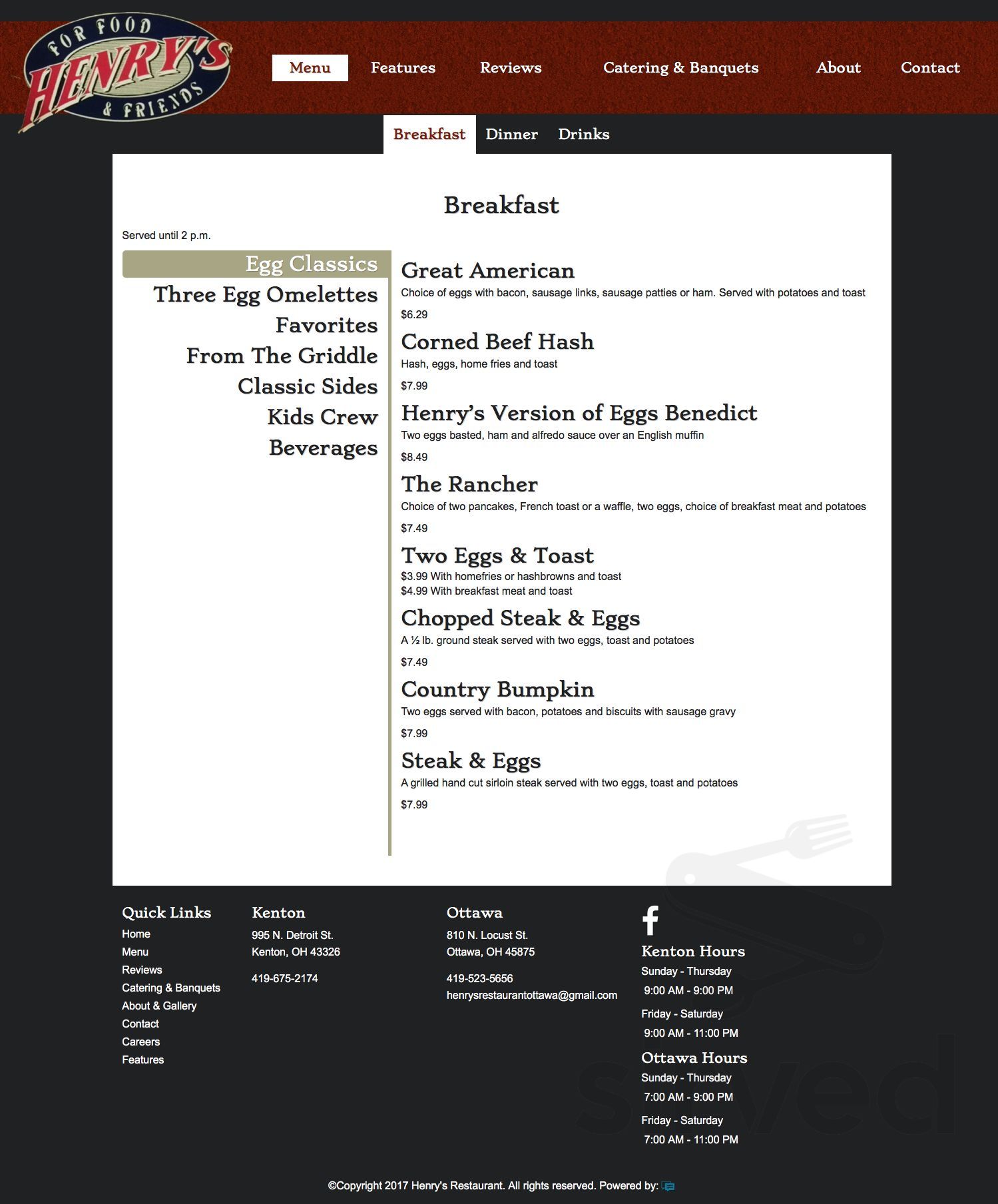 Henry's Restaurant menu in Ottawa, Ohio, USA