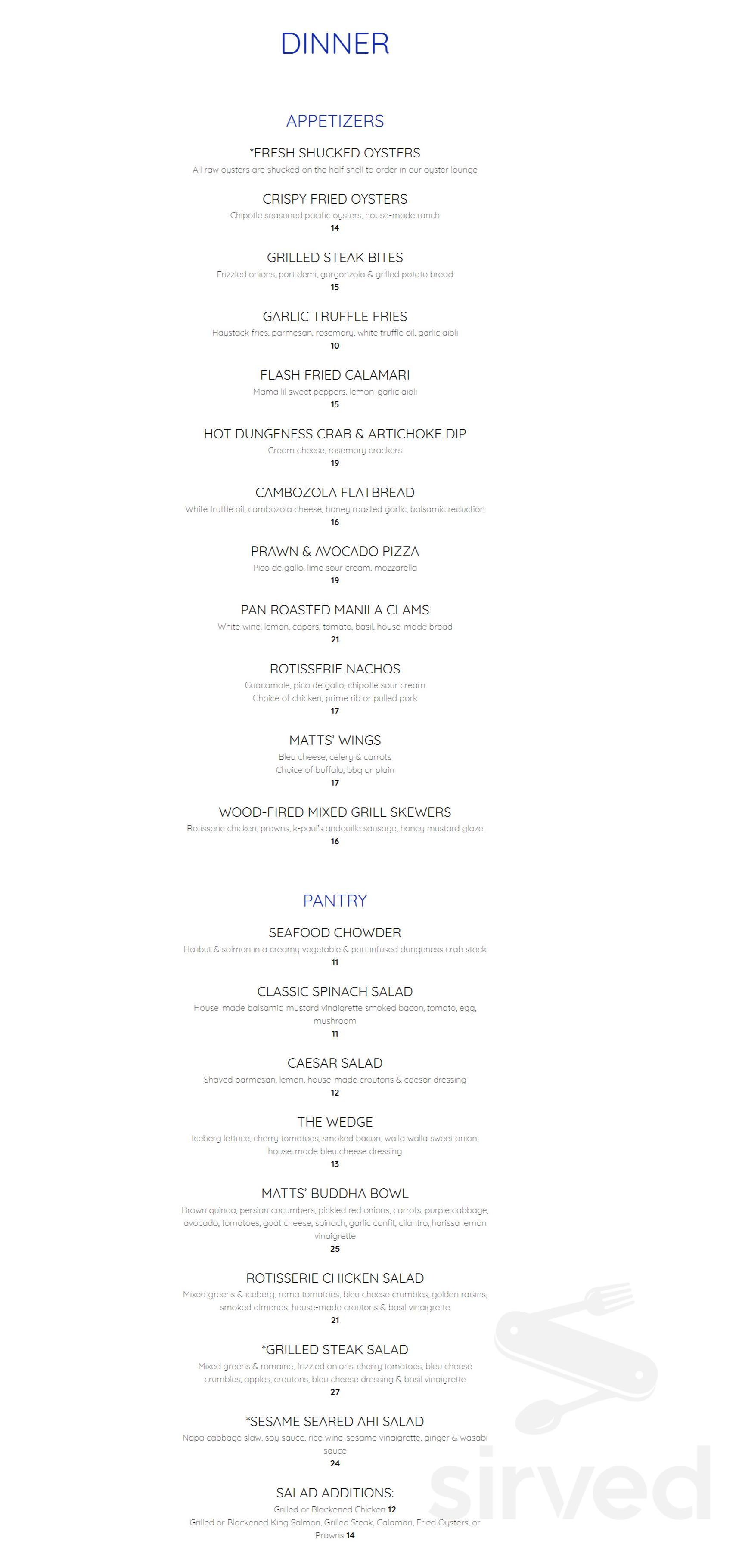 Menu - Redmond WA's Matts' Rotisserie &amp; Oyster Lounge | Sirved