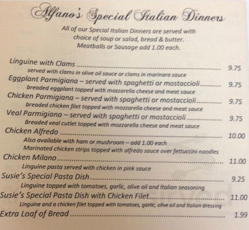 Alfano's Pizzeria & Italian Restaurant menu in Oregon, Illinois, USA