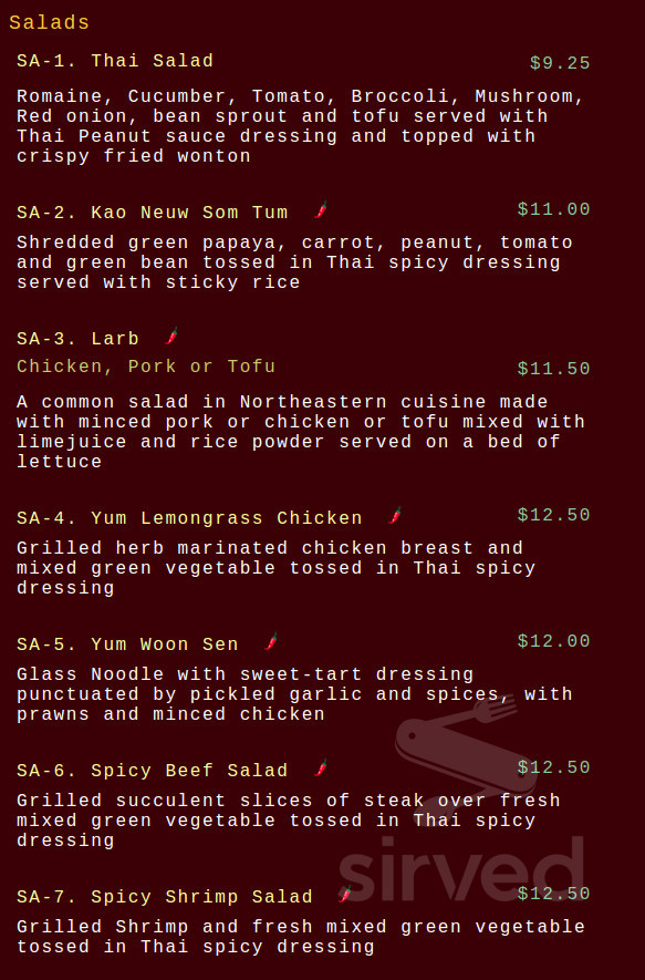Rice Thai Cookery menu in Milwaukie, Oregon