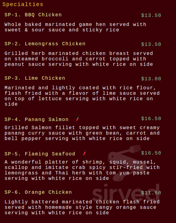 Rice Thai Cookery menu in Milwaukie, Oregon