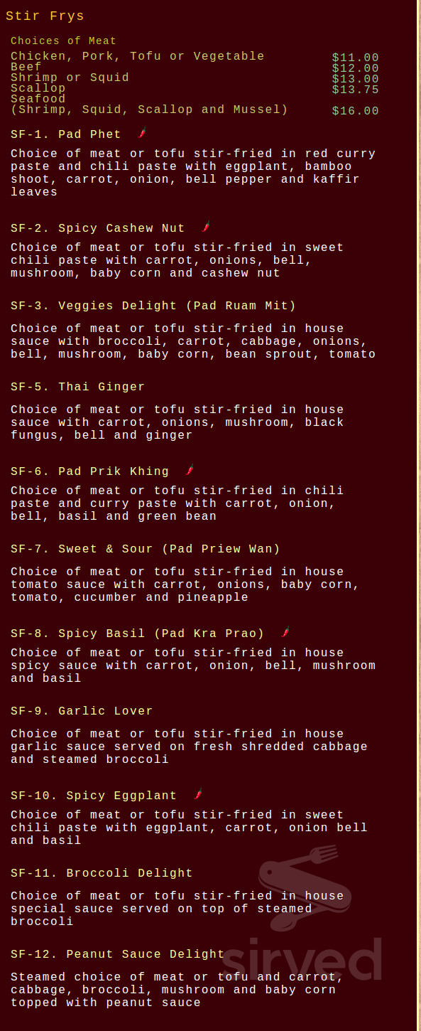 Rice Thai Cookery menu in Milwaukie, Oregon