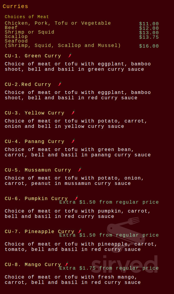 Rice Thai Cookery menu in Milwaukie, Oregon