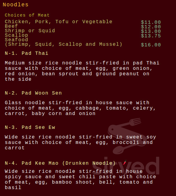 Rice Thai Cookery menu in Milwaukie, Oregon