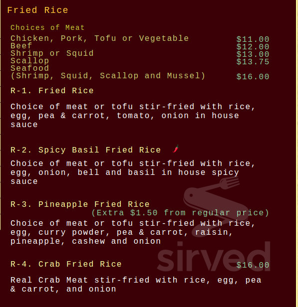Rice Thai Cookery menu in Milwaukie, Oregon