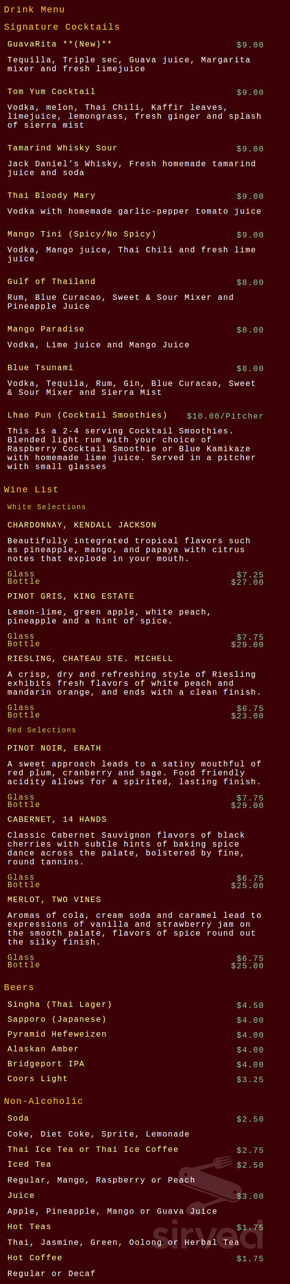 Rice Thai Cookery menu in Milwaukie, Oregon