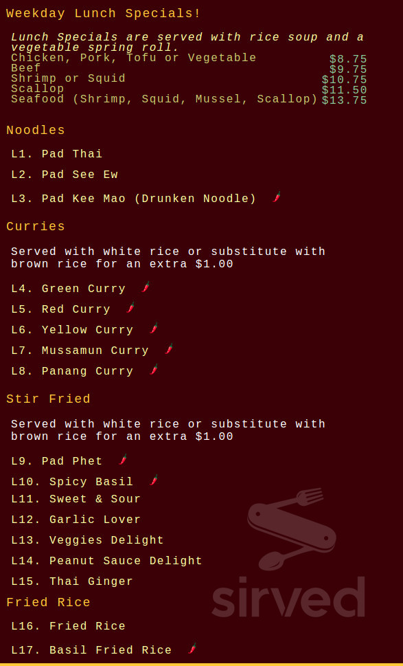 Rice Thai Cookery menu in Milwaukie, Oregon