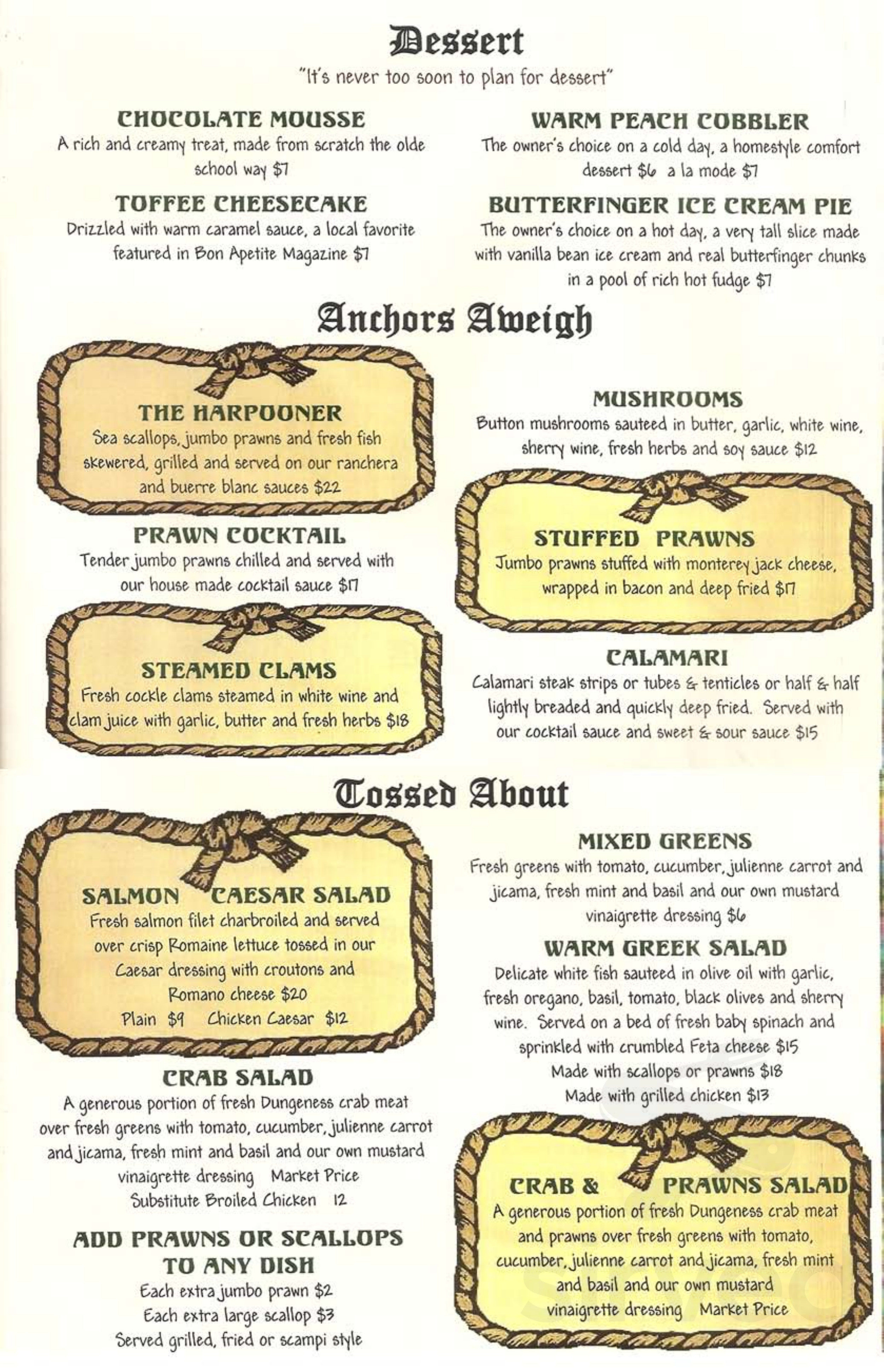 Olde Port Inn menu in Avila Beach, California, USA