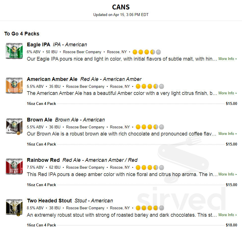 Roscoe Beer Co. menus in Roscoe, New York, United States