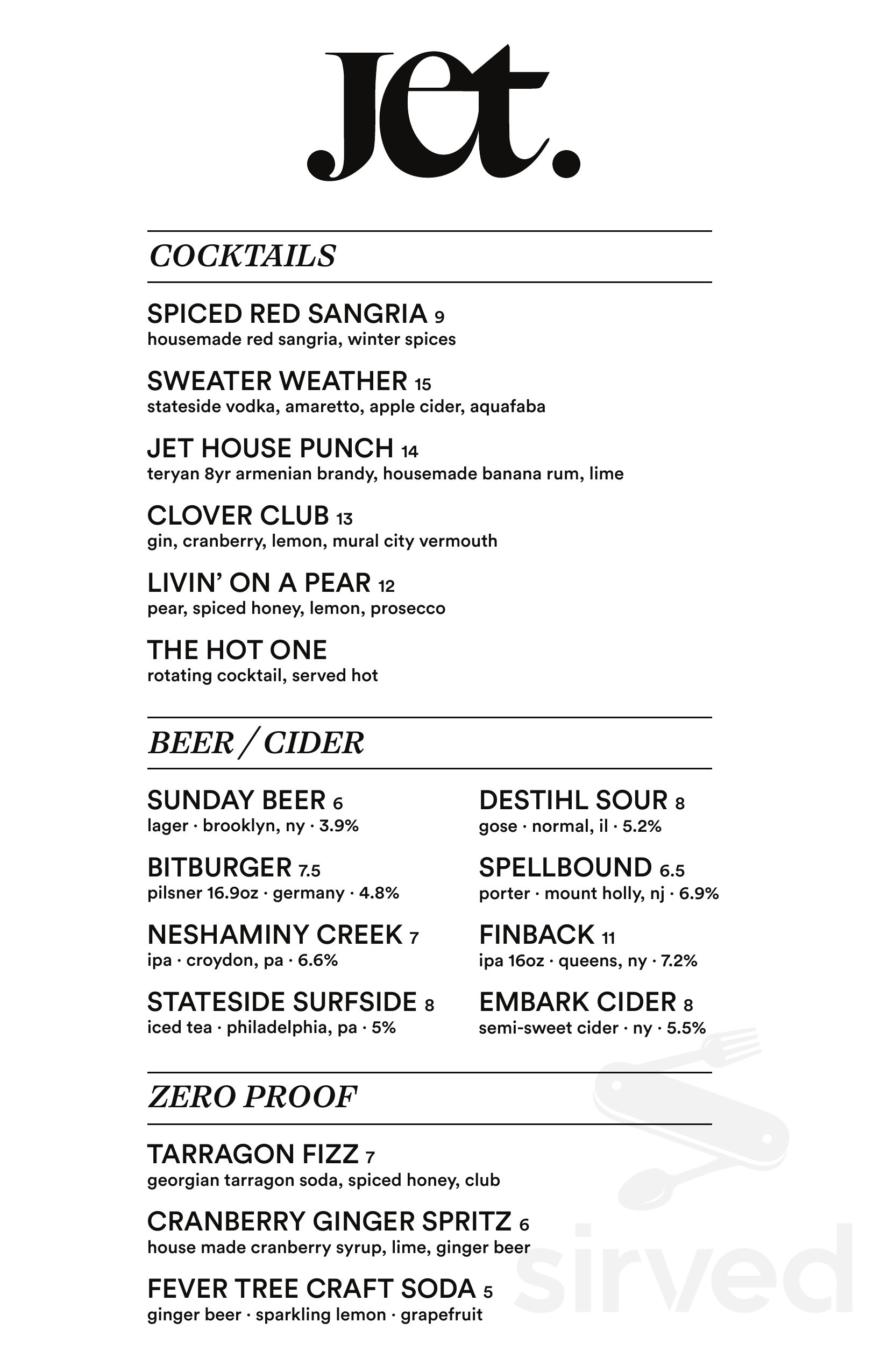 Jet Wine Bar menu in Philadelphia, Pennsylvania, USA