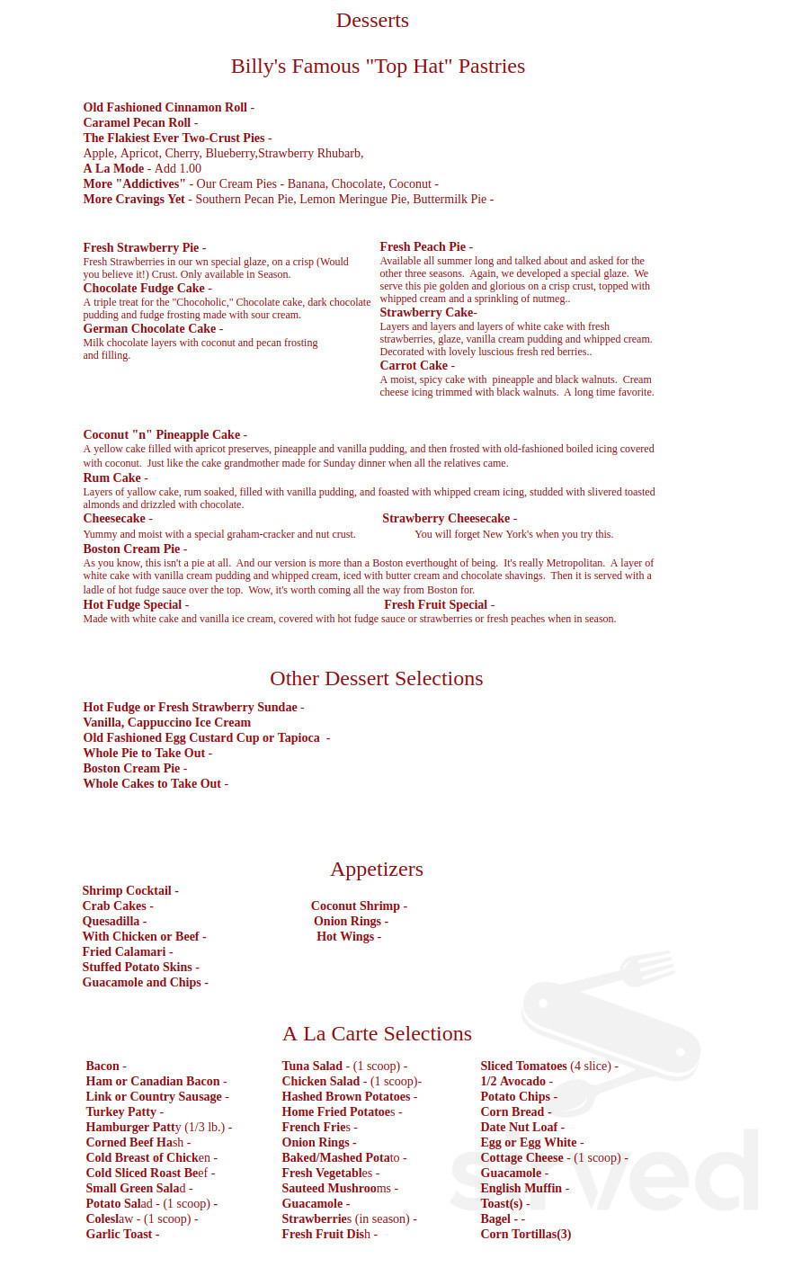Menu for Billy Reed's Palm Springs in Palm Springs, CA | Sirved