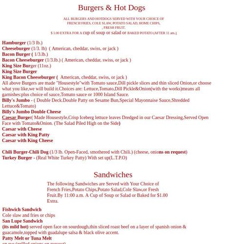 Billy Reed's Palm Springs menu in Palm Springs, California, USA