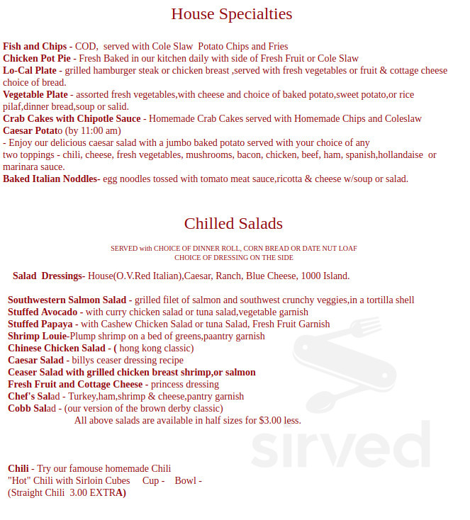 Billy Reed's Palm Springs menu in Palm Springs, California, USA