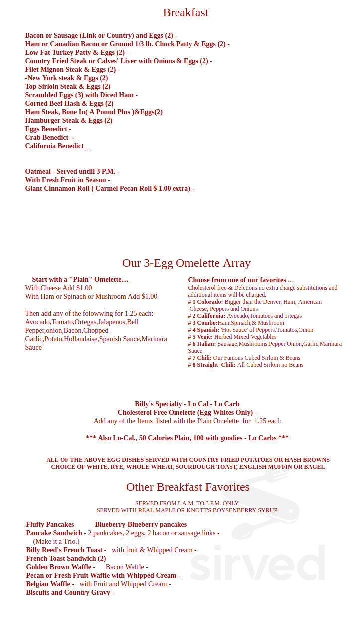Menu for Billy Reed's Palm Springs in Palm Springs, CA | Sirved