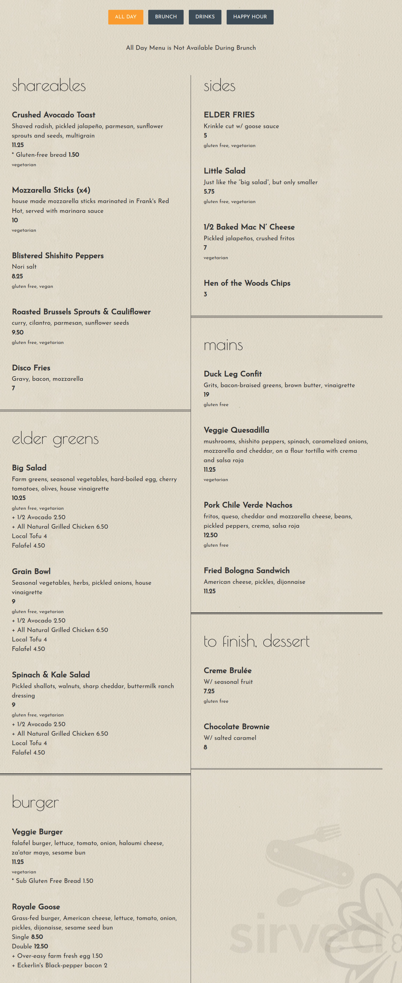 Menu for Goose & Elder in Cincinnati, OH | Sirved
