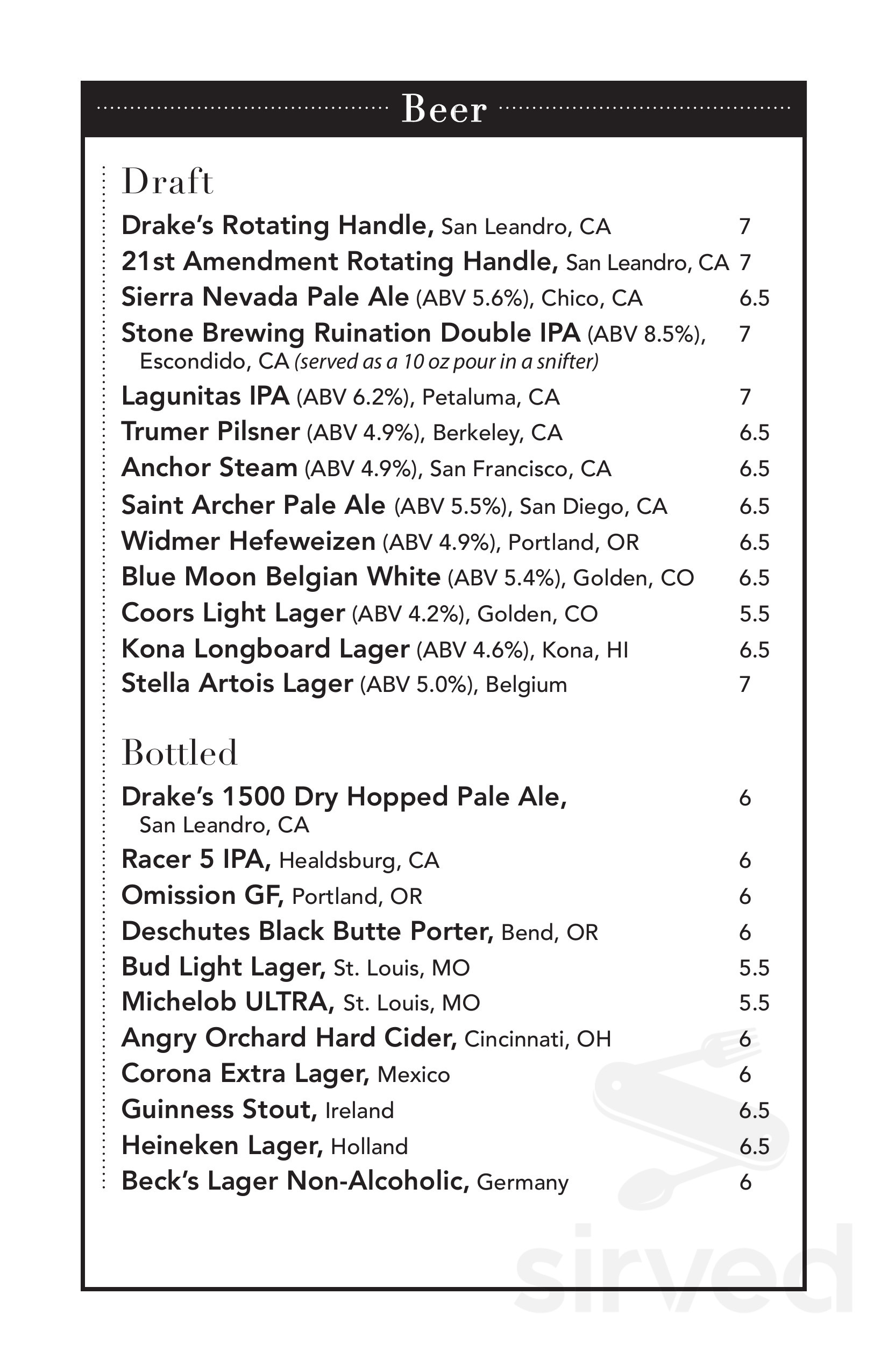 Horatio's menu in San Leandro, California, USA