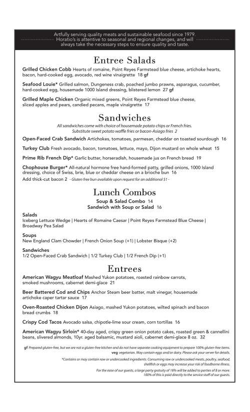 Horatio's menu in San Leandro, California, USA