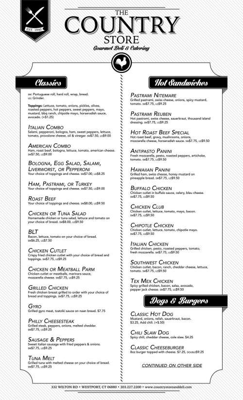 The Country Store (Deli & Catering) menu in Westport, Connecticut, USA