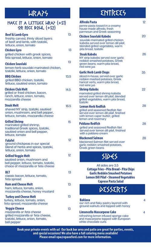 OPA Menu In Oxford Mississippi USA