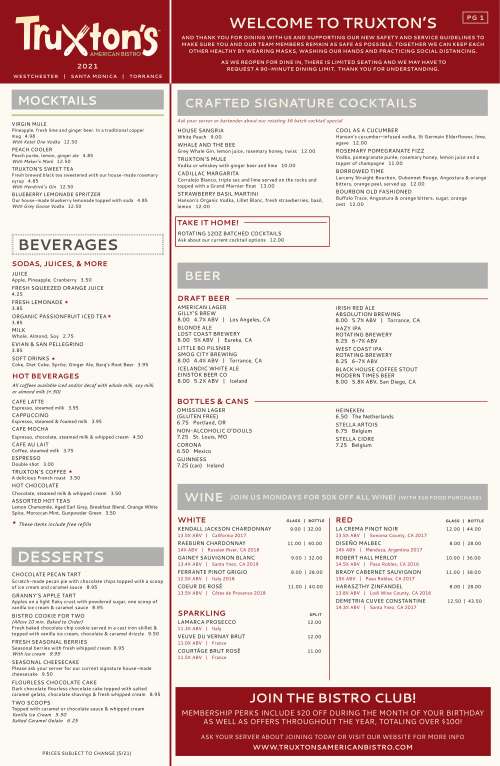 Truxton's American Bistro menu in Santa Monica, California, USA