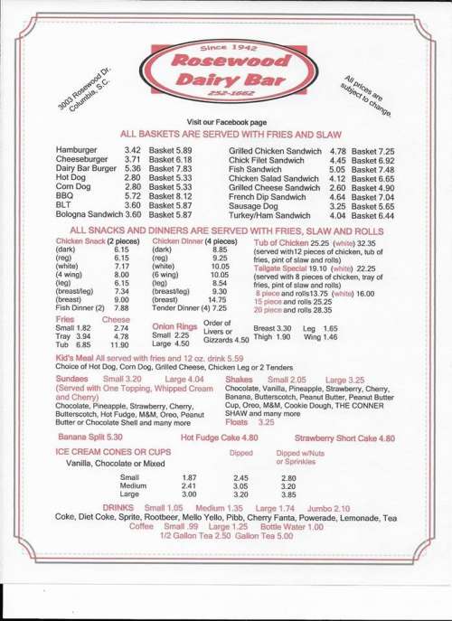 Rosewood Dairy Bar menu in Columbia, South Carolina, USA