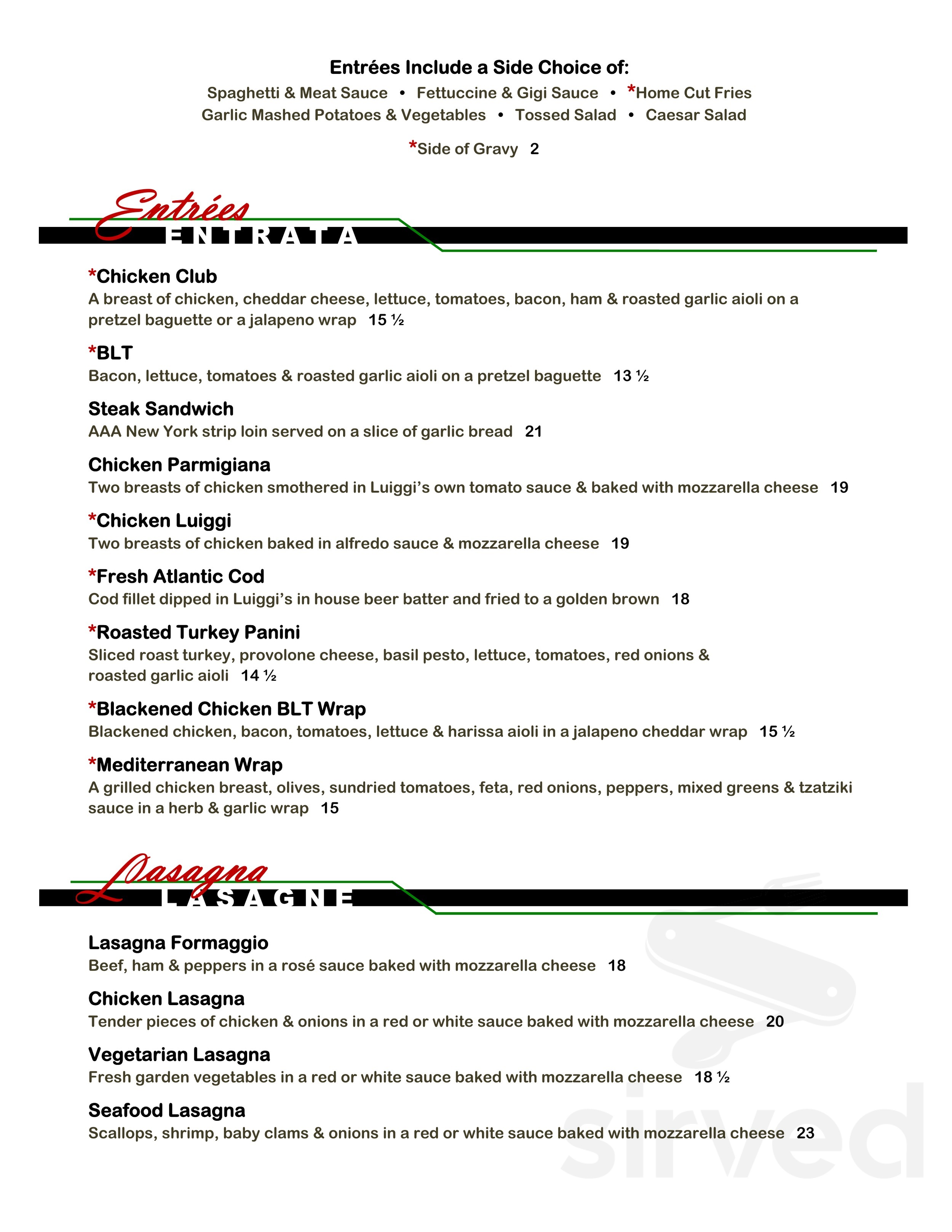 Luiggi's Pasta House menu in Regina, Saskatchewan, Canada